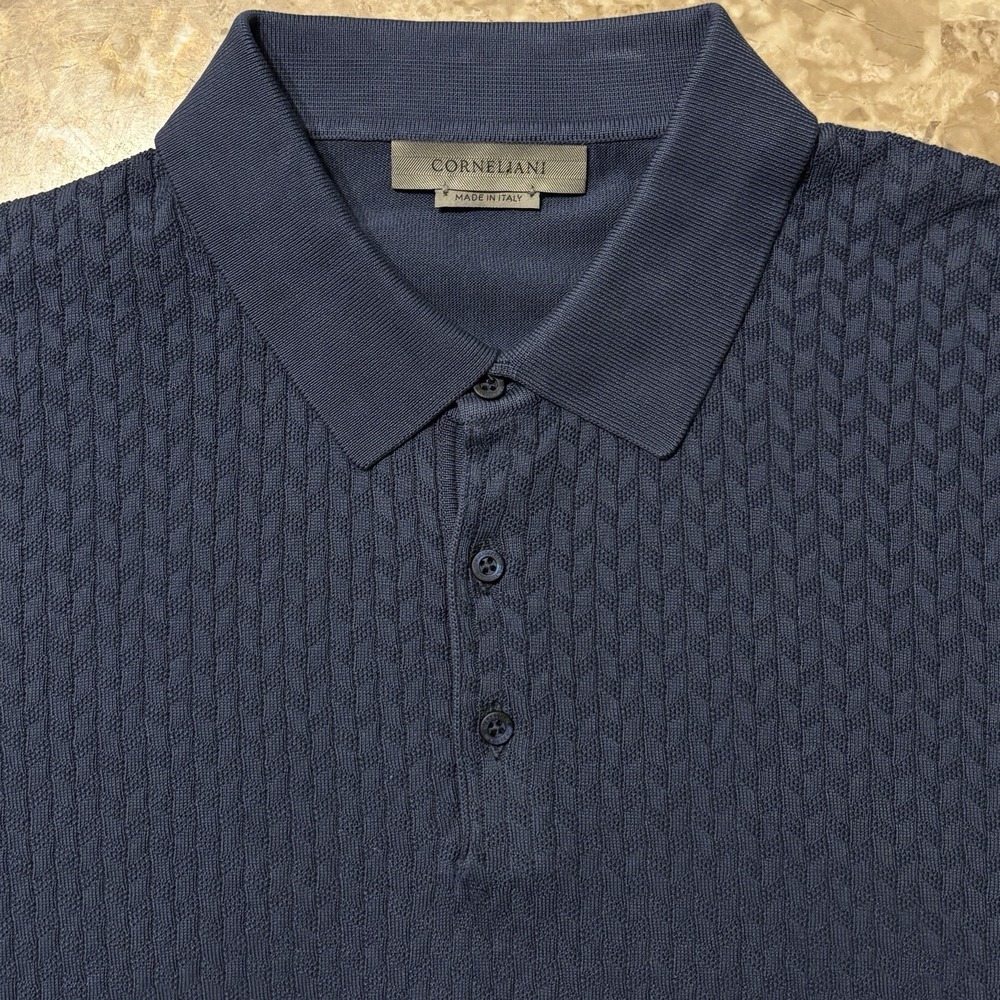 Corneliani Polo Shirt Mens 54 Blue Soft Cotton Short Sleeve Sweater Collared